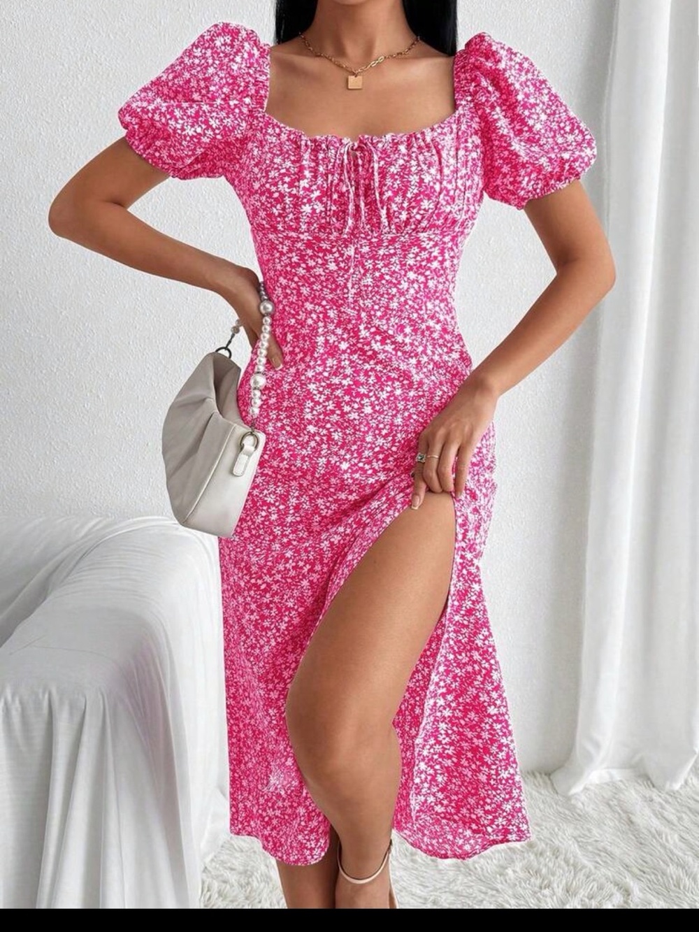 Pink Floral Puff-Sleeve Midi Dress